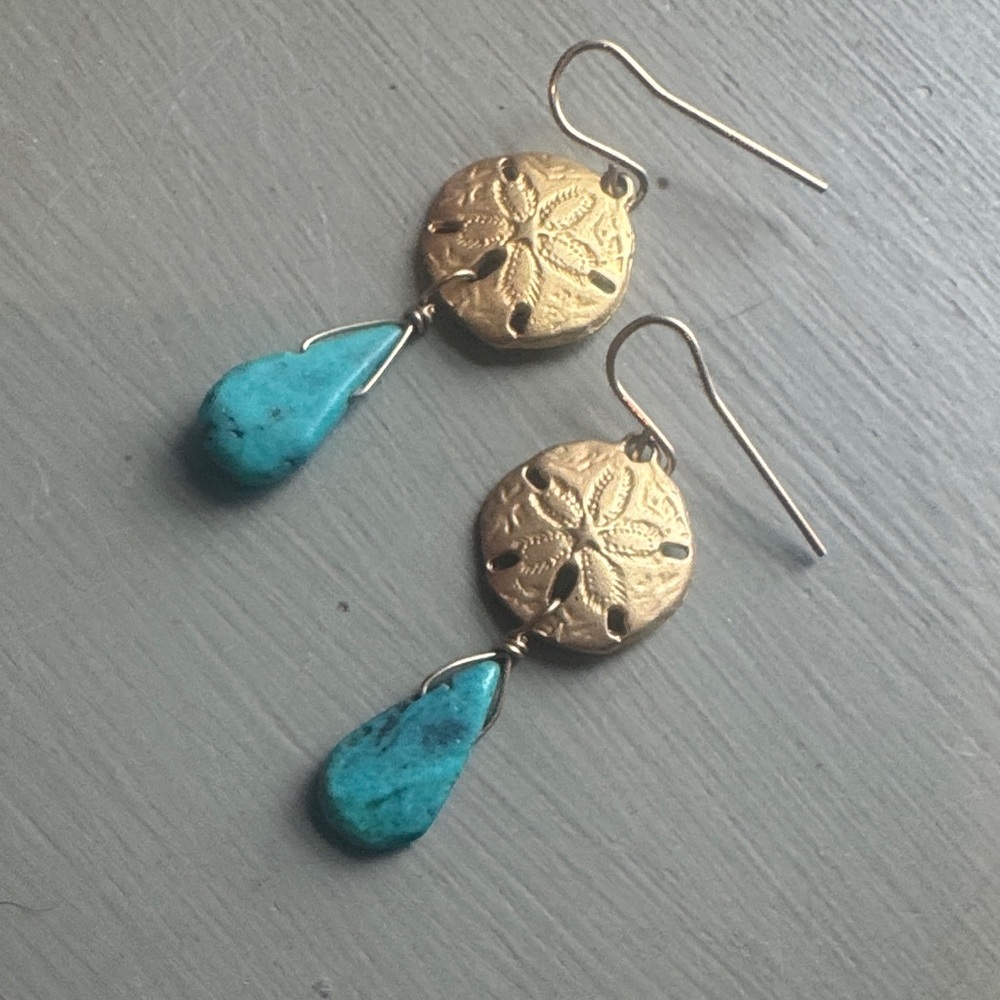 Gold Sand Dollar & Turquoise Teardrop Dangle Earrings - Women Jewelry